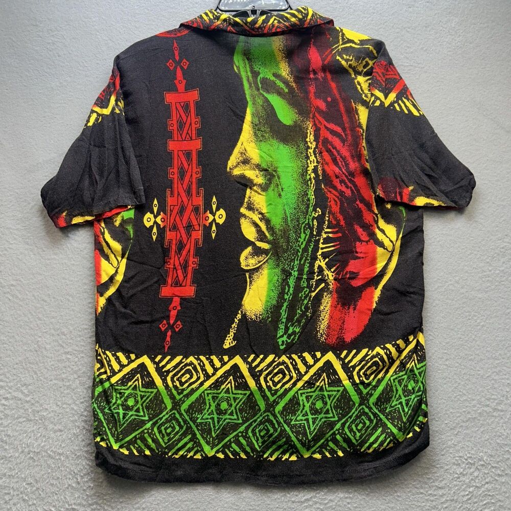 Vintage Bob Marley Shirt Mens Medium Rasta Reggae Rayon Button Allover Print Blk